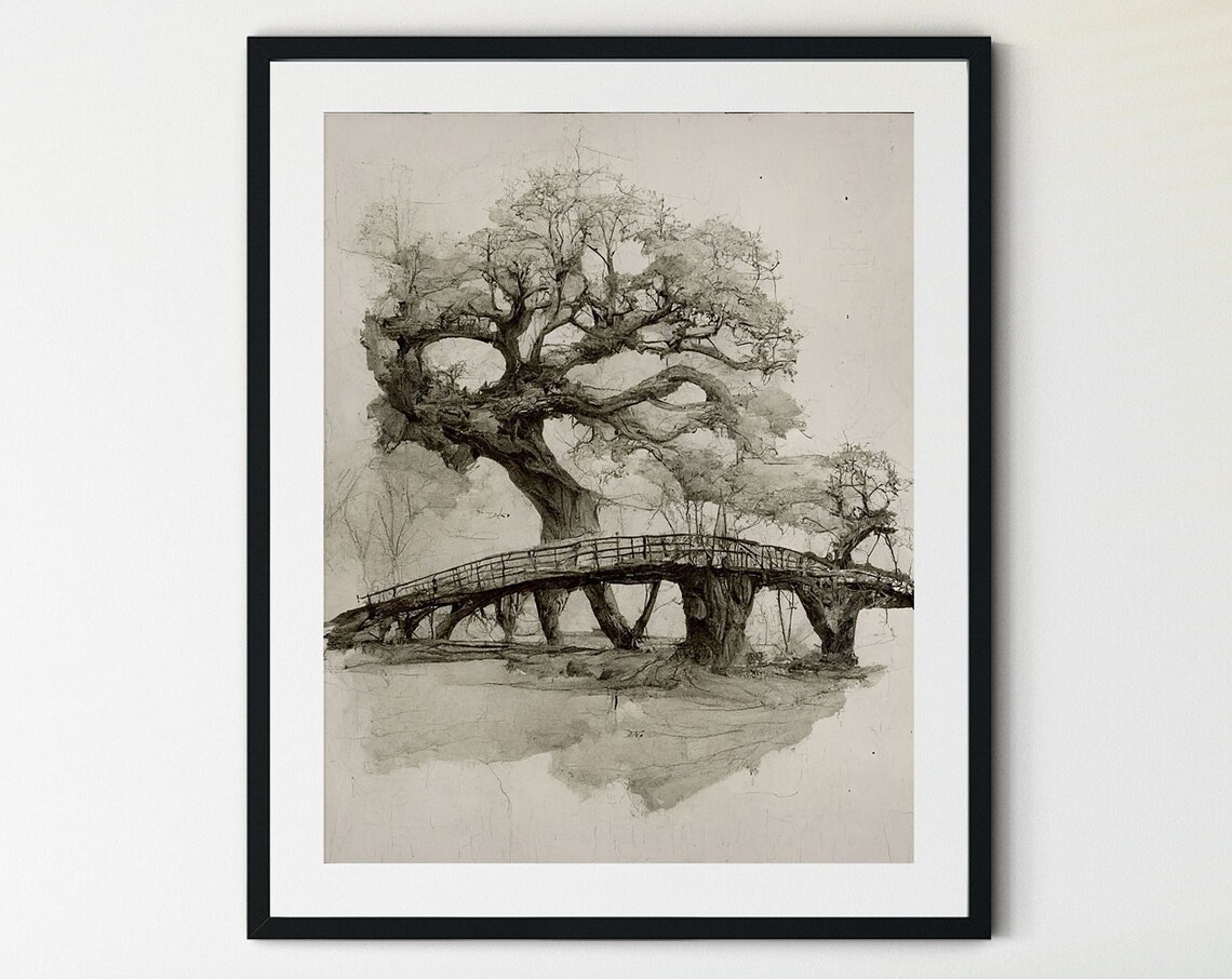 Neutral Tree Sketch Bridge Trees Art Print, Vintage