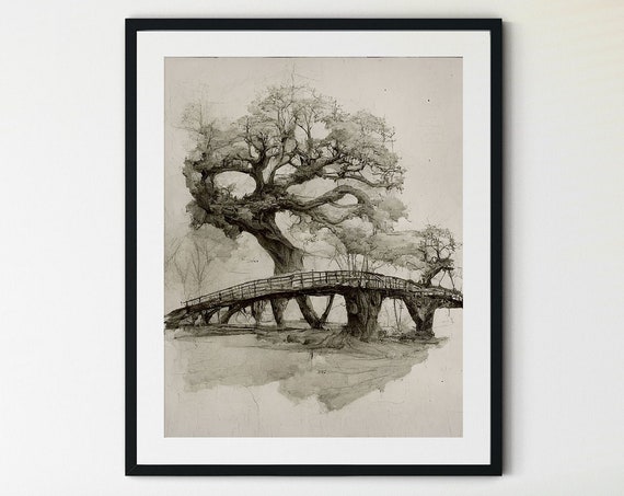 Neutral Tree Sketch Bridge Trees Art Print, Vintage