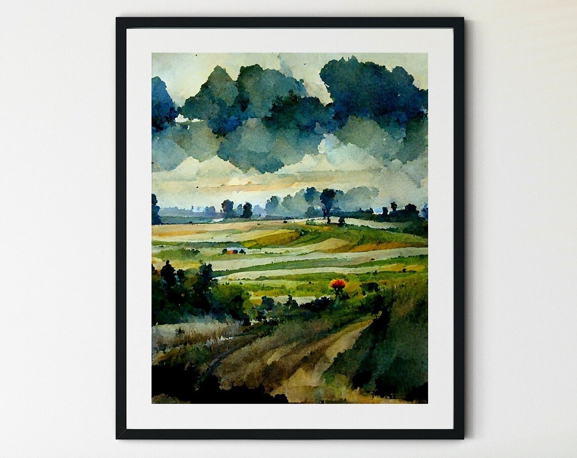 Green Fields Dark Storm Clouds Watercolor Rural Landscape Poster