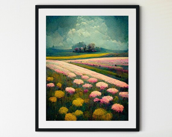 Pink and Yellow Wildflowers Blanketing Rolling Hills Colorful Poster
