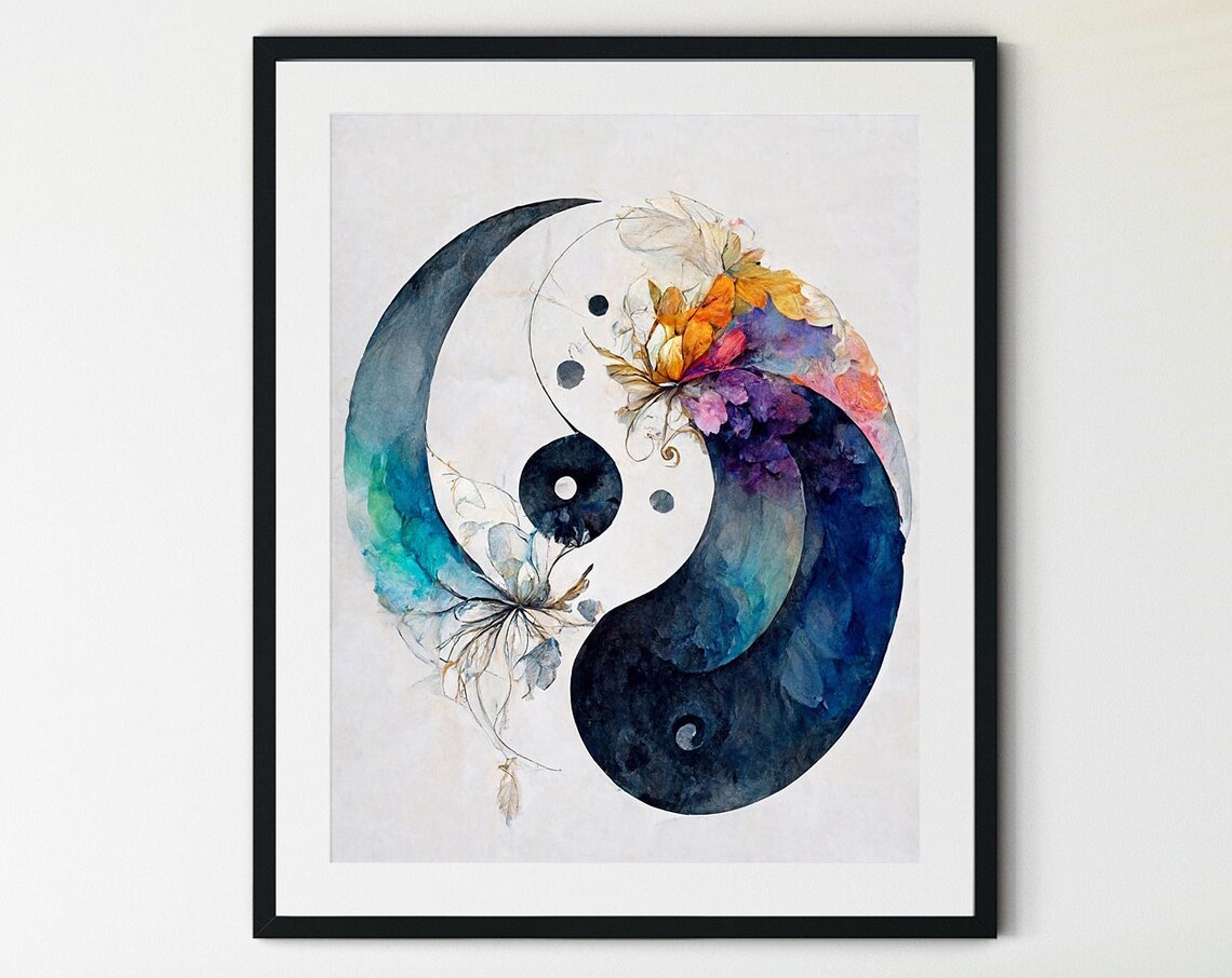 Watercolor Yin Yang Symbol with Autumn Flowers Zen Balance Poster