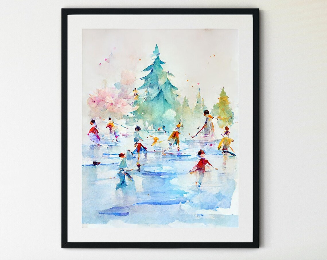 People Ice Skating Print, Christmas Winter Wall Art