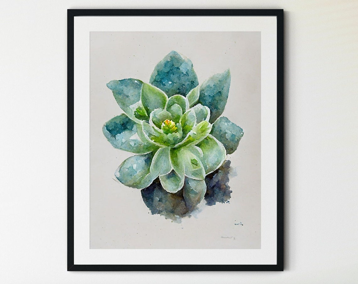 Watercolor Succulent Top View Teal Green Minimal Plant Poster