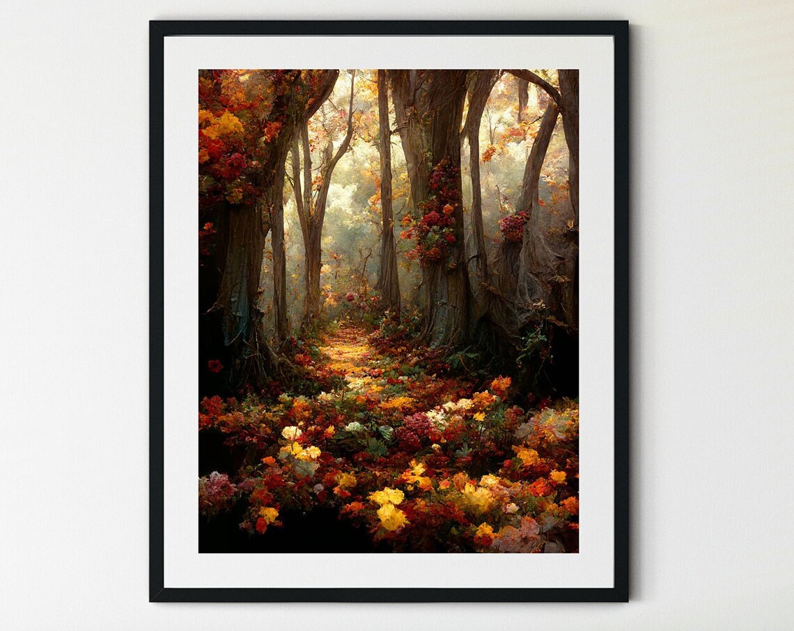 Autumn Forest Path Golden Light Flower Meadow Woodland Landscape Print