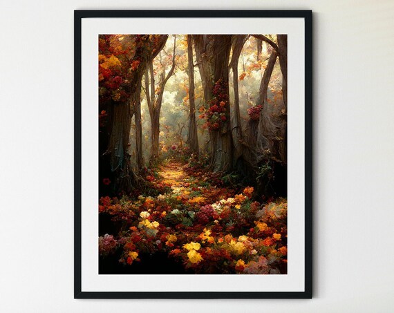 Autumn Forest Path Golden Light Flower Meadow Woodland Landscape Print