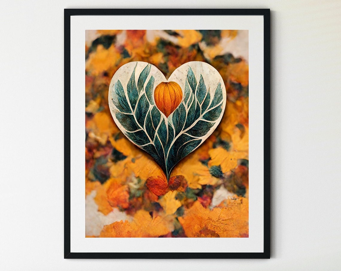 Thanksgiving Heart Autumn Leaves Orange Pumpkin Fall Seasonal Print