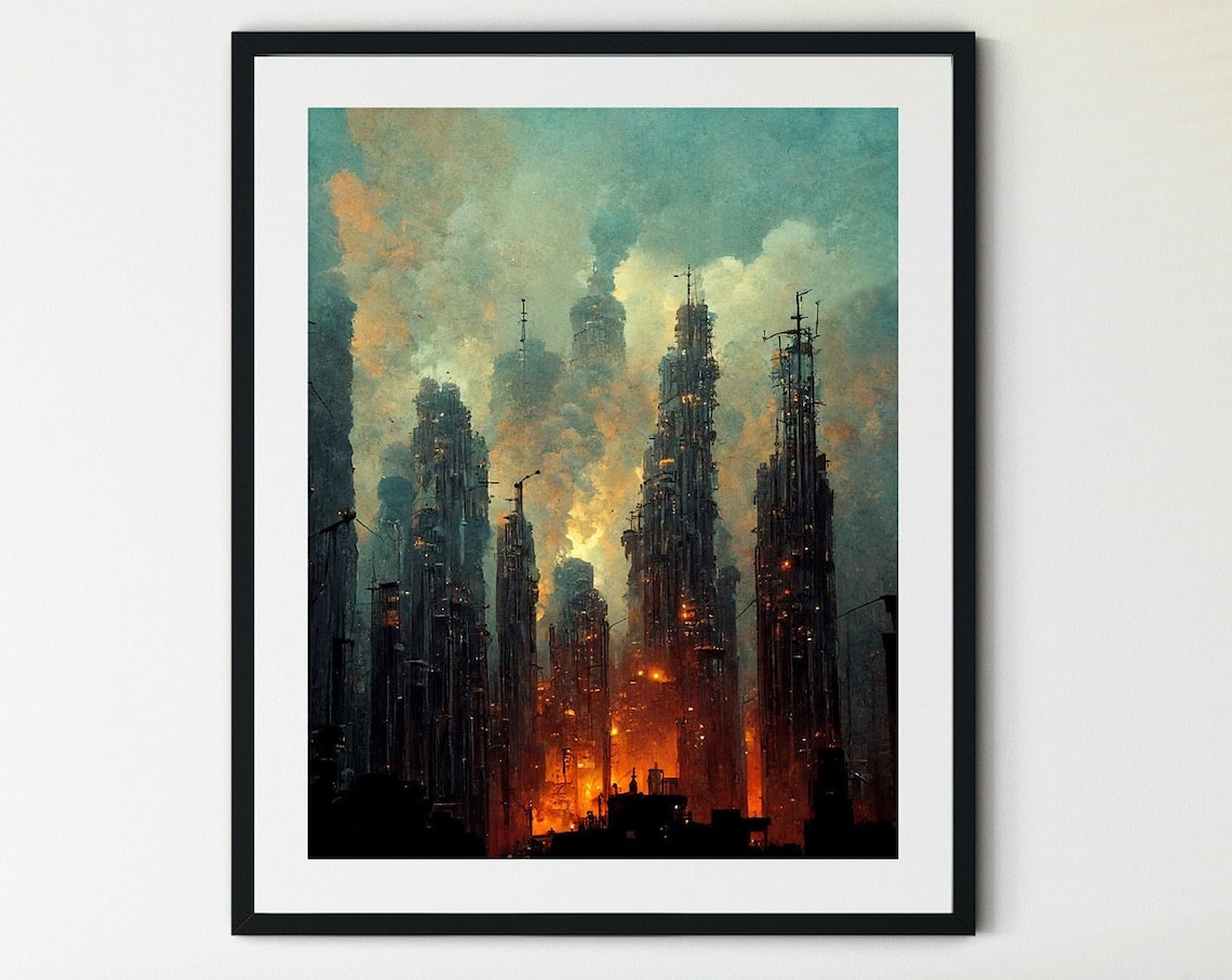 Futuristic Industrial Cityscape Dusk Glow Sci Fi Urban Poster