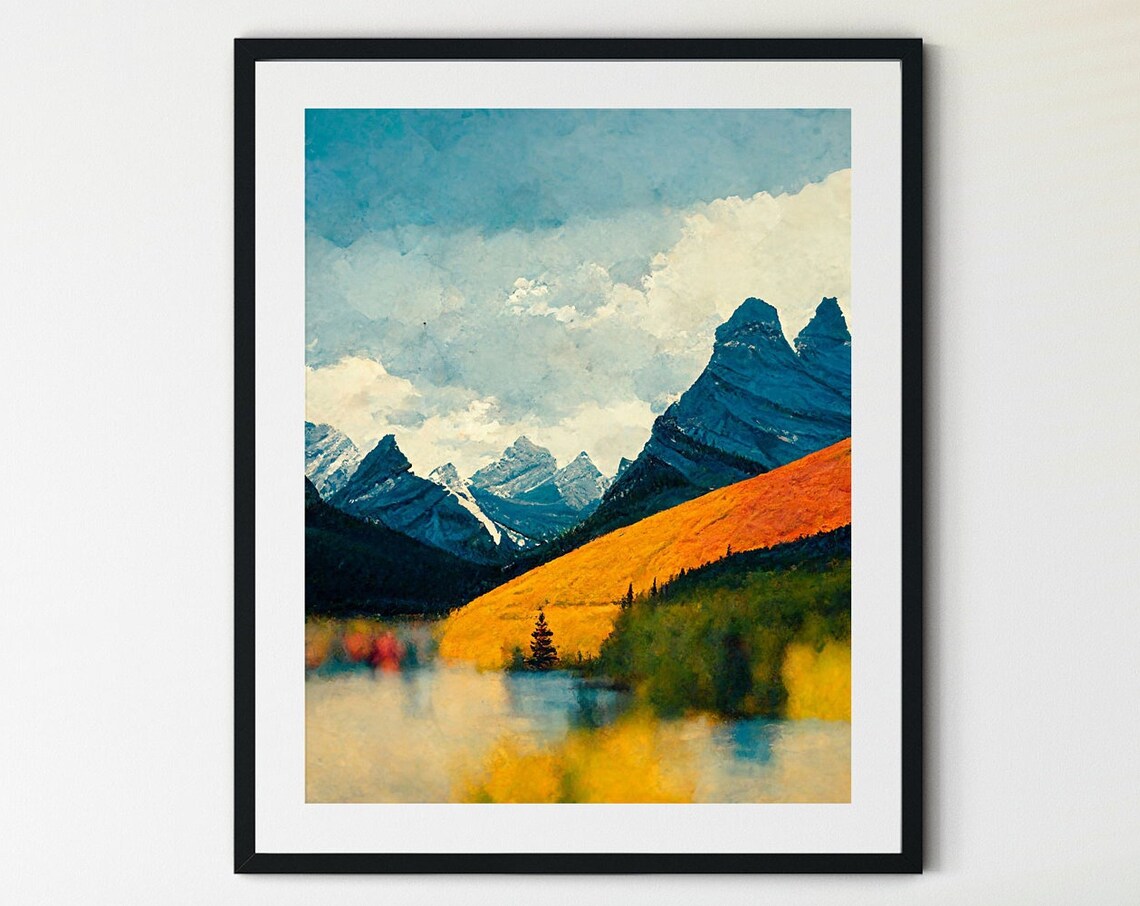 Banff Autumn Alpine Peaks Watercolor Print Golden Hills Lake View Art