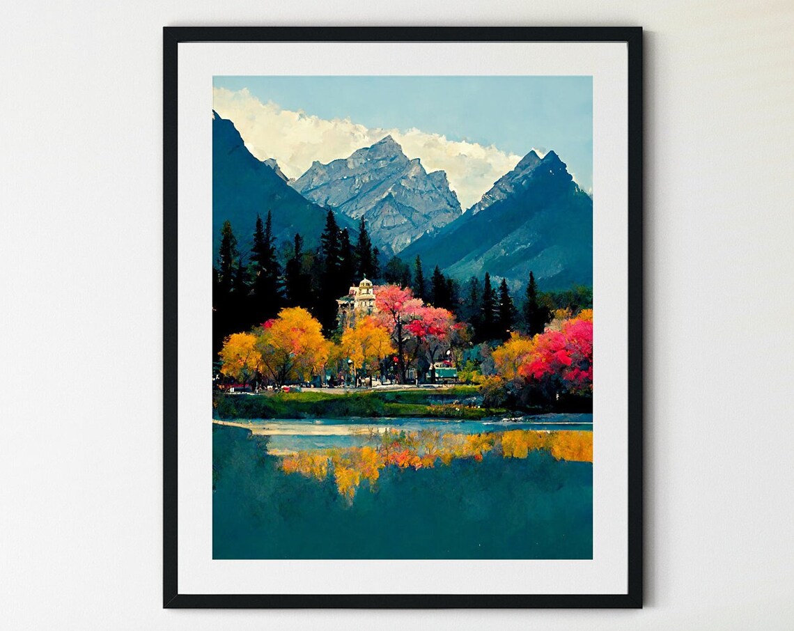 Banff Autumn Village Lake Art Colorful Fall Trees Mountain View Print