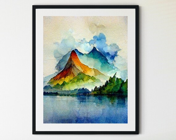 Colorful Rainbow Mountain Peaks Above a Calm Lake Watercolor Poster