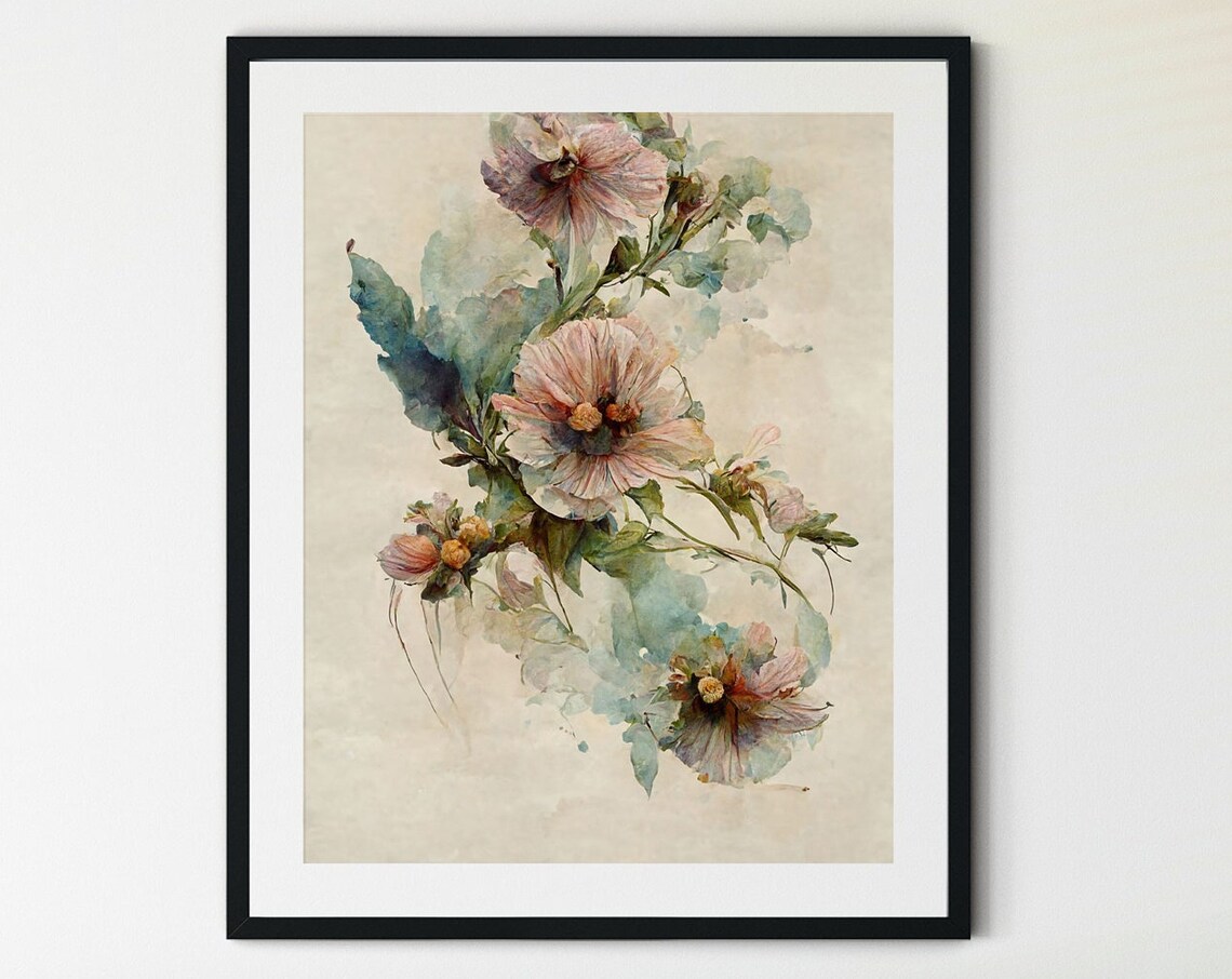 Watercolor Hollyhock Blossoms Soft Pink Botanical Floral Print