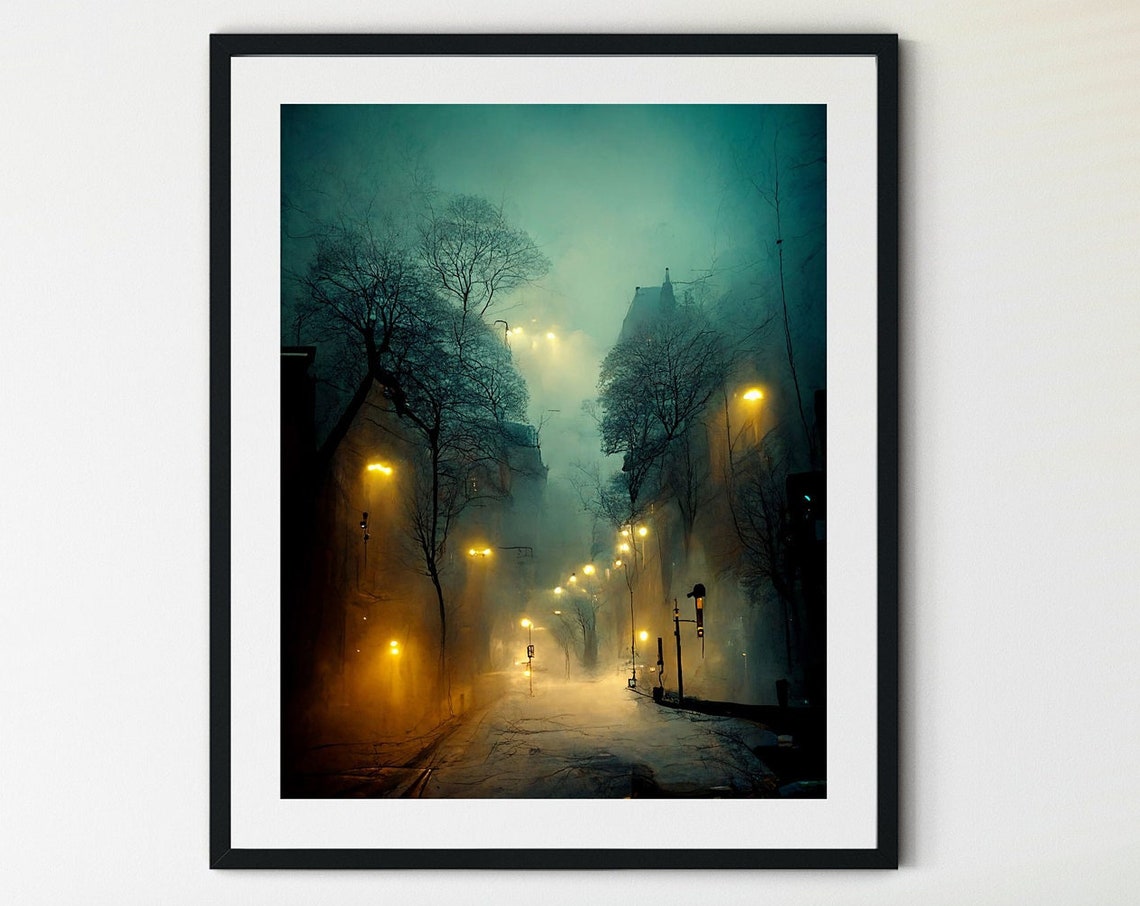 Painting Of A City Street At Night Wall Art Instant Art Print People Art Winter Painting