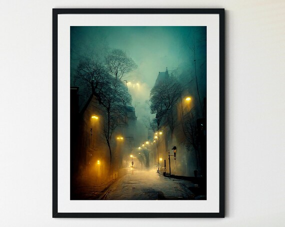 Foggy Night City Street with Glowing Lamps Misty Urban Poster