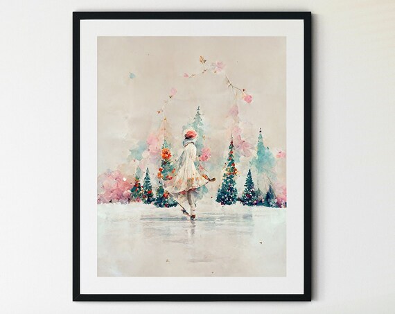 Woman Ice Skating Winter Christmas Art Print