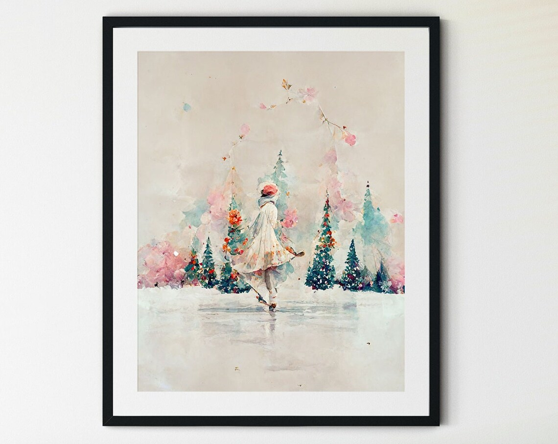 Woman Ice Skating Winter Christmas Art Print