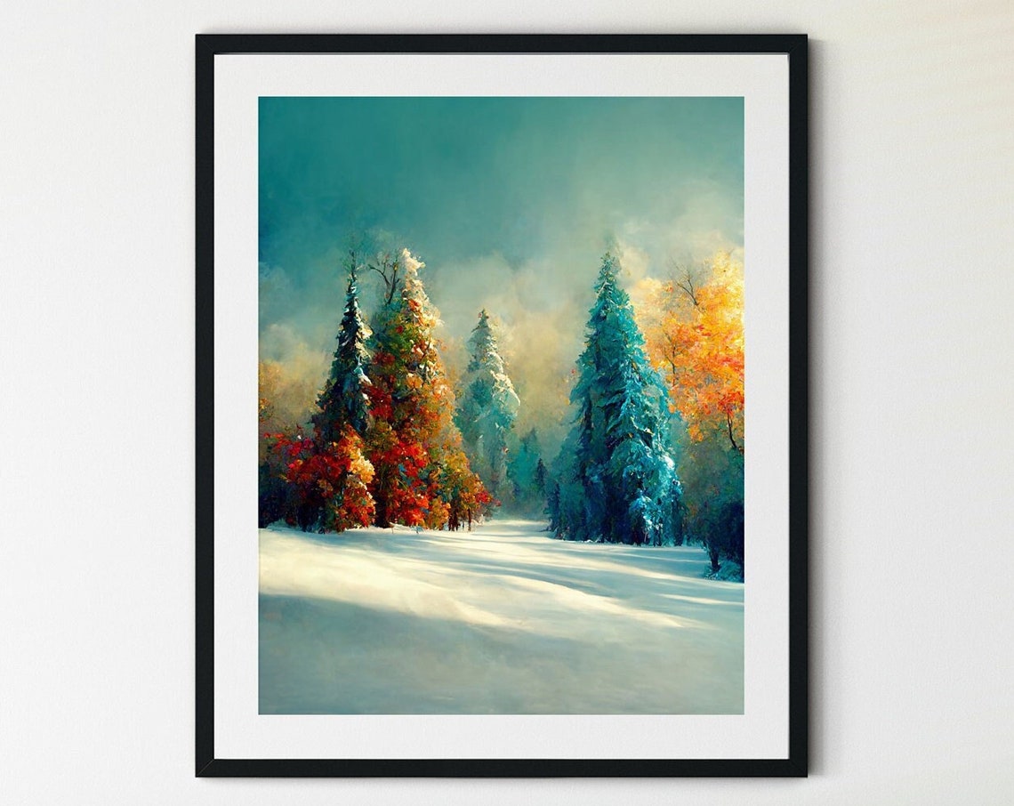 Snowy Winter Forest Landscape Snow Covered Trees Painting Poster