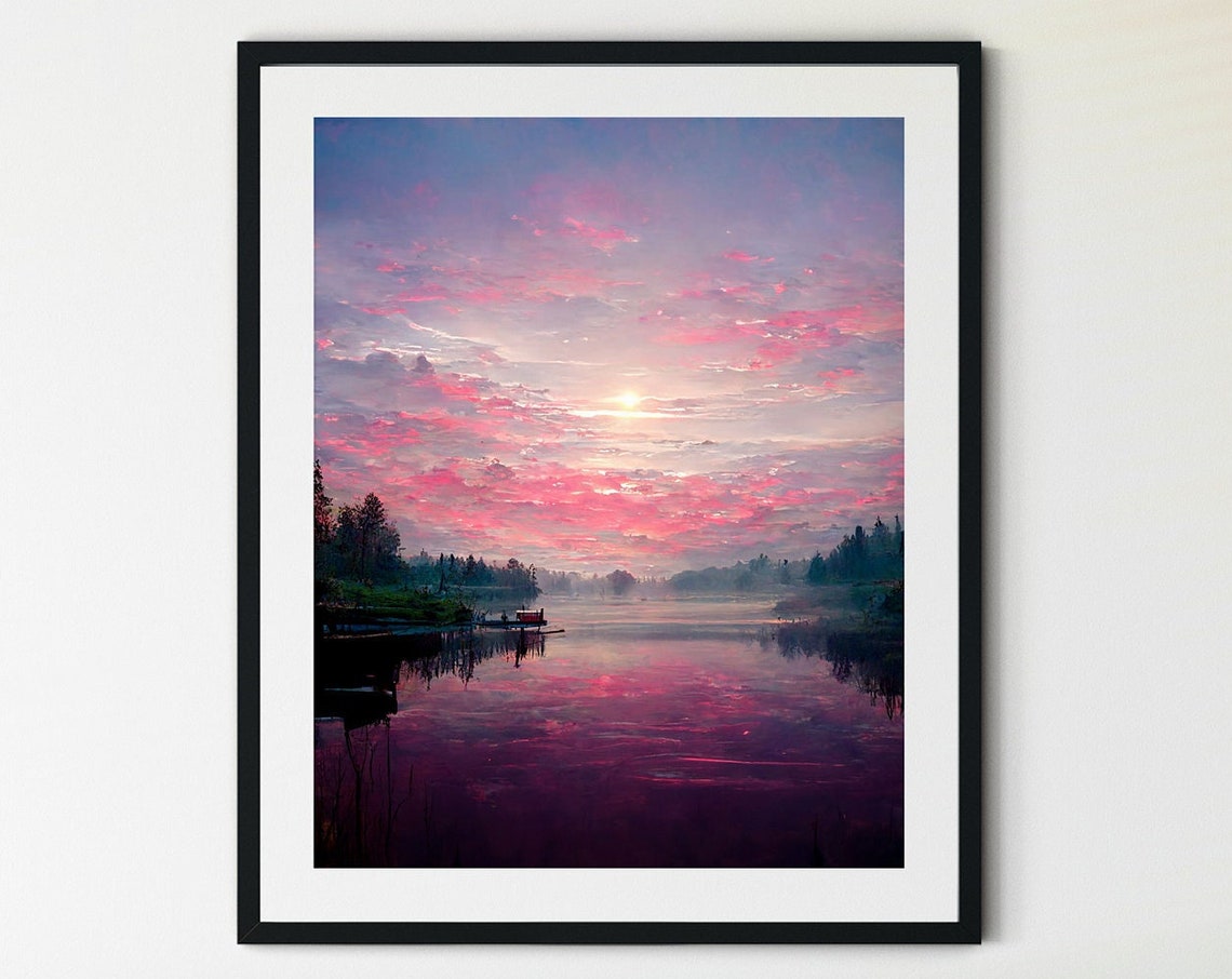 Pink Sunset Lake Dock Reflection Serene Nature Landscape Poster