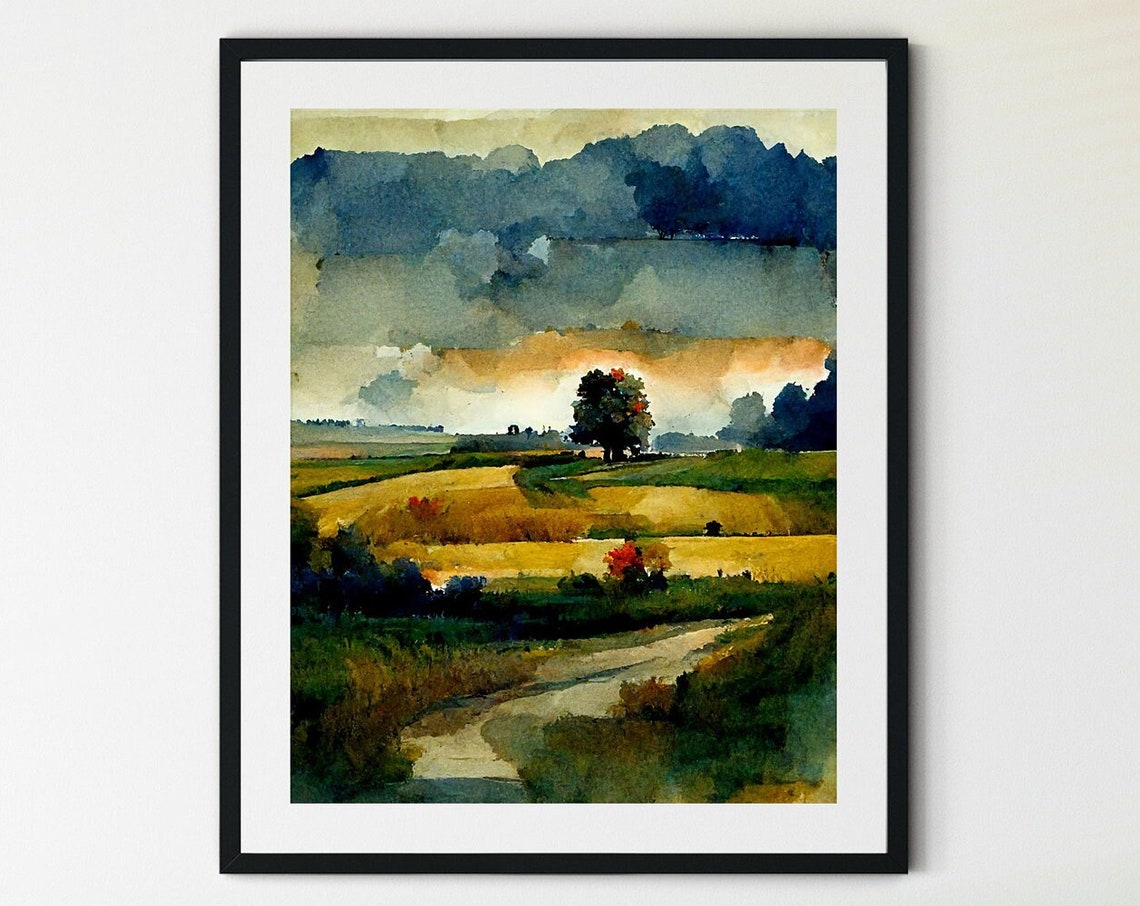 Lone Tree Winding Path Golden Field Stormy Sky Nature Art Poster