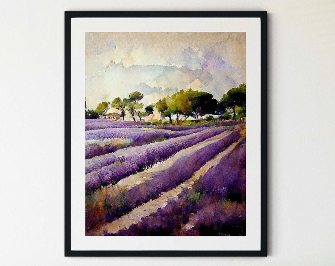 Lavender Field Rows Trees Watercolor Purple Floral Art Poster