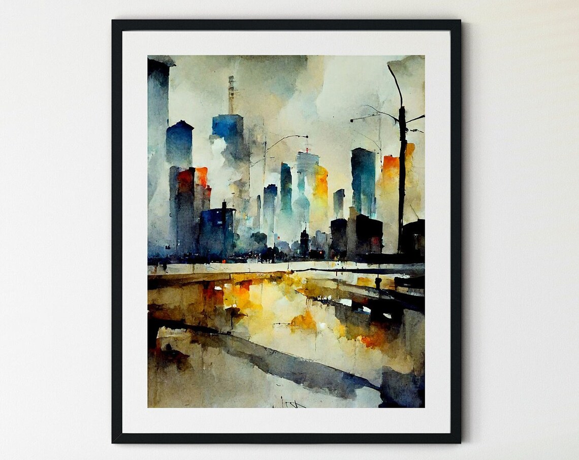 Rainy City Street Skyline Reflections Watercolor Abstract Art Poster