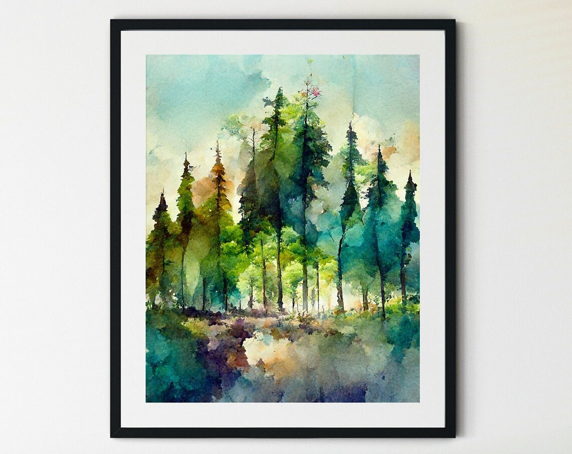 Watercolor Forest Winter Landscape Art Print