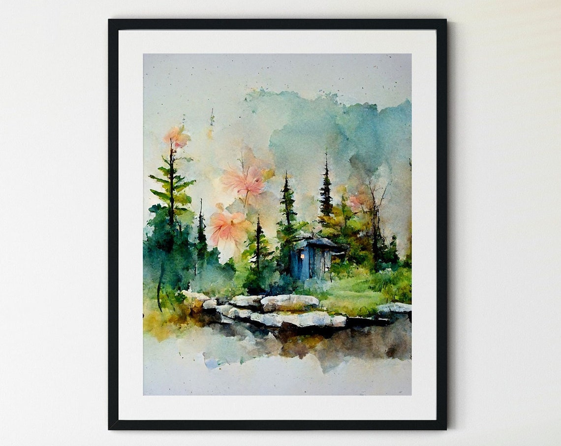 Misty Pine Forest Lake With Cabin Watercolor Landscape Poster