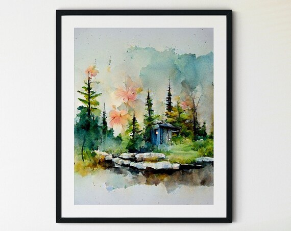 Misty Pine Forest Lake With Cabin Watercolor Landscape Poster