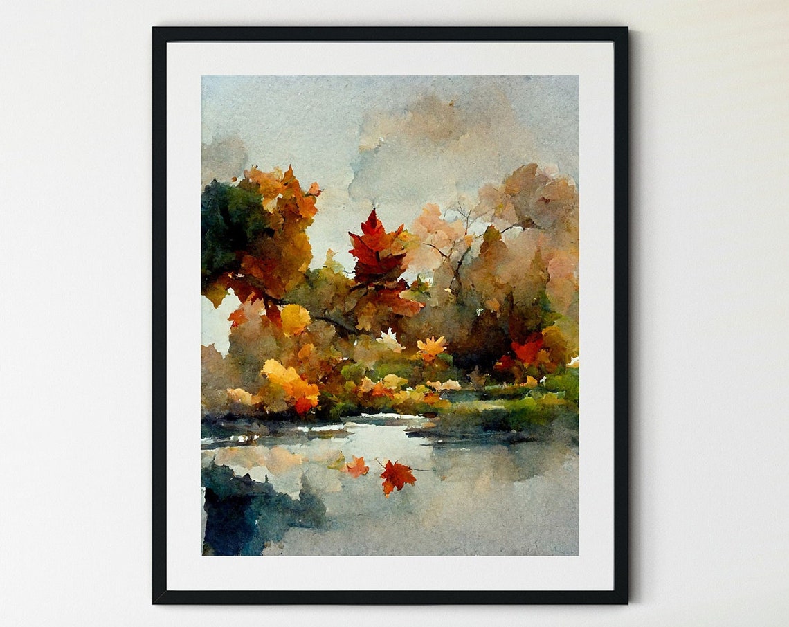 Autumn Maple Tree Watercolor Print Fall Leaves Lake Reflection Art