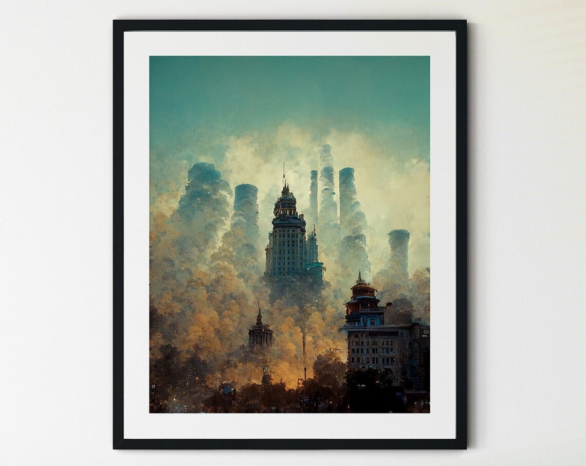 Golden Mist City Towers Dreamlike Vintage Skyline Art Poster