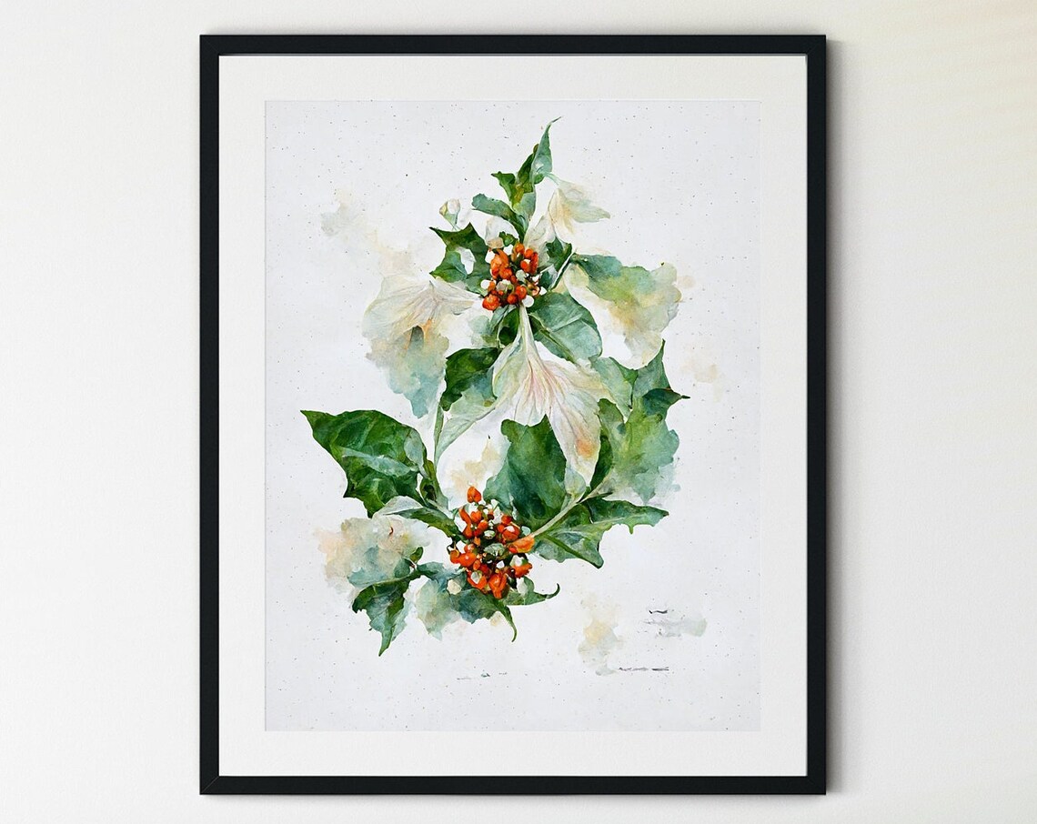 Winter Holly with Orange Berries Watercolor Botanical Art Poster