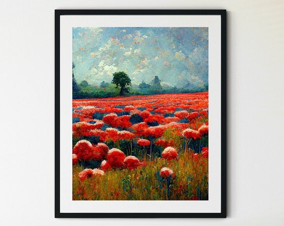 Poppy Fields Print, Monet-Style Farmhouse Landscape