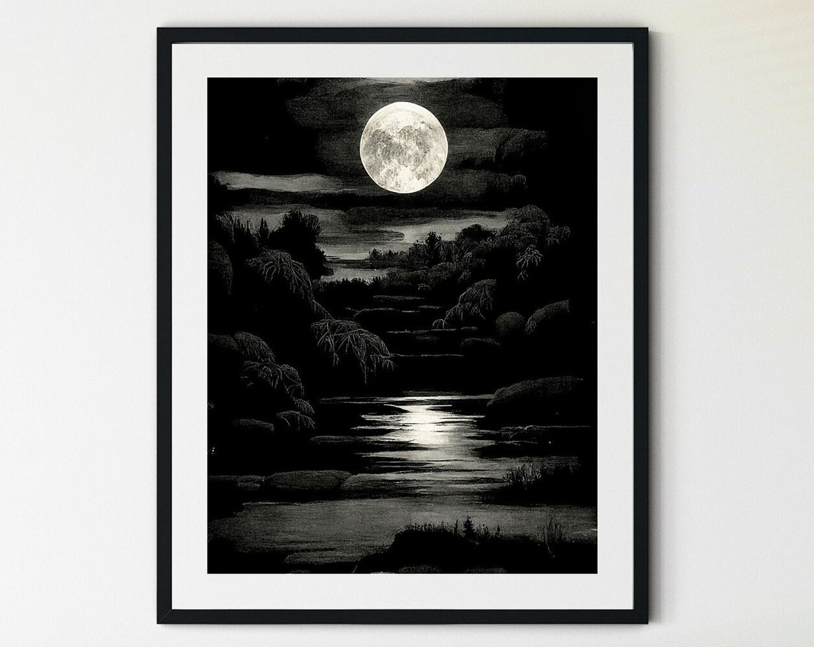 Full Moon Night River Reflection Black and White Moody Landscape Print