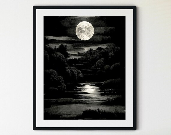 Full Moon Night River Reflection Black and White Moody Landscape Print