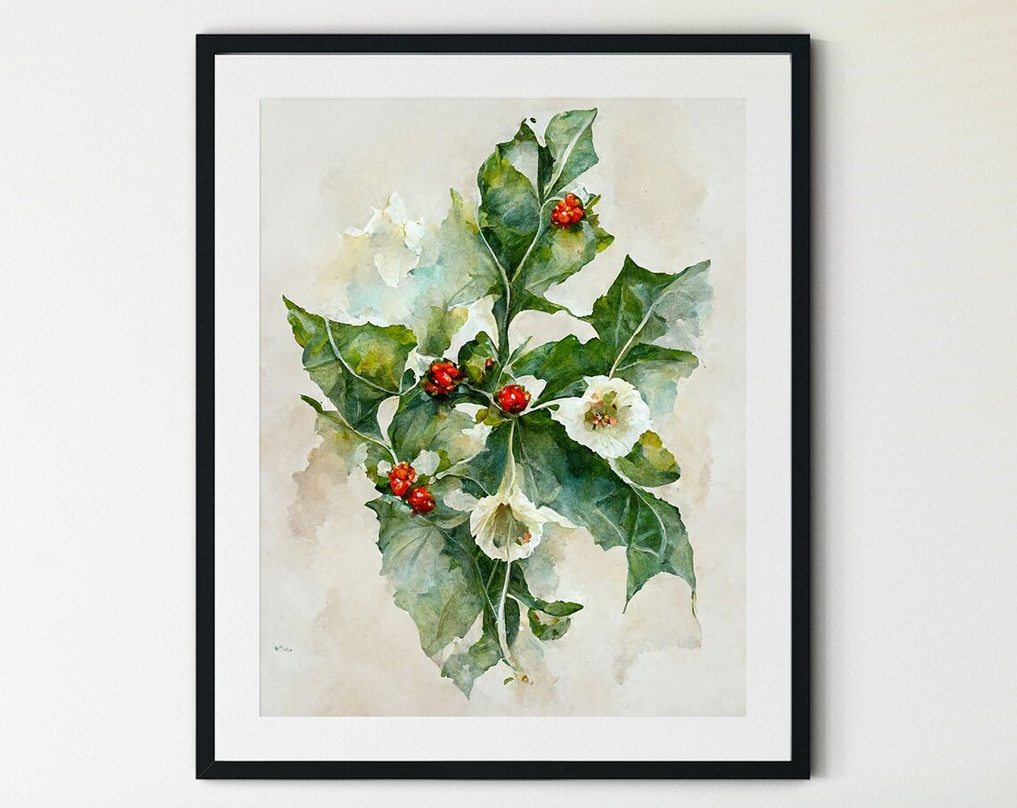 Winter Berry and Holly Branch Holiday Art Print