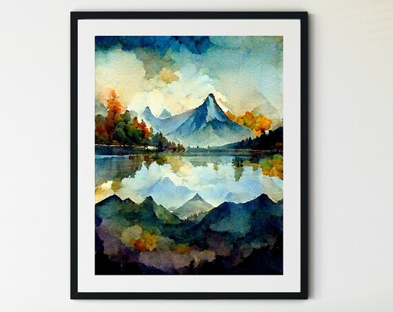 Mountain Peaks Mirrored in a Still Lake Watercolor Landscape Poster
