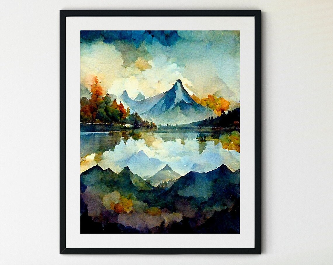Mountain Peaks Mirrored in a Still Lake Watercolor Landscape Poster
