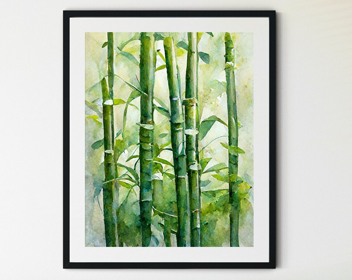 Green Bamboo Forest Watercolor Wall Art Tall Bamboo Stalks Zen Garden Decor