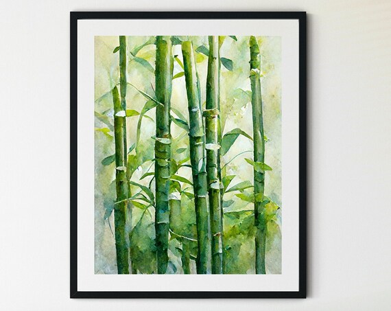 Green Bamboo Forest Watercolor Wall Art Tall Bamboo Stalks Zen Garden Decor