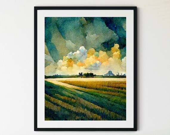 Golden Field Dramatic Golden Clouds Watercolor Landscape Poster