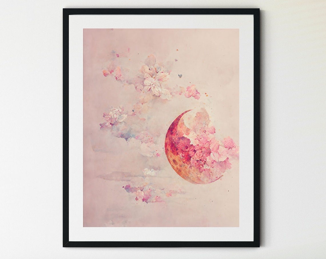 Pink Crescent Moon Blossom Clouds Soft Dreamy Watercolor Print