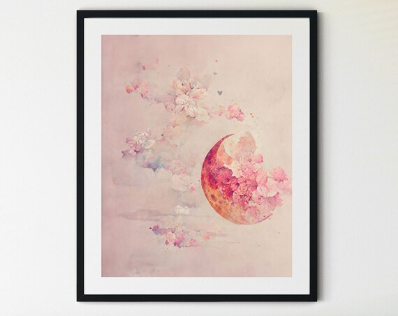 Pink Crescent Moon Blossom Clouds Soft Dreamy Watercolor Print