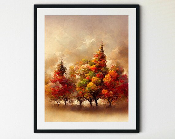 Autumn Red Maple Trees Watercolor Print Misty Fall Forest Landscape Art