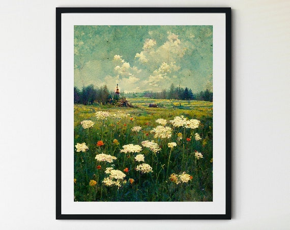 Vintage Spring Meadow Painting, Country Landscape Art Print
