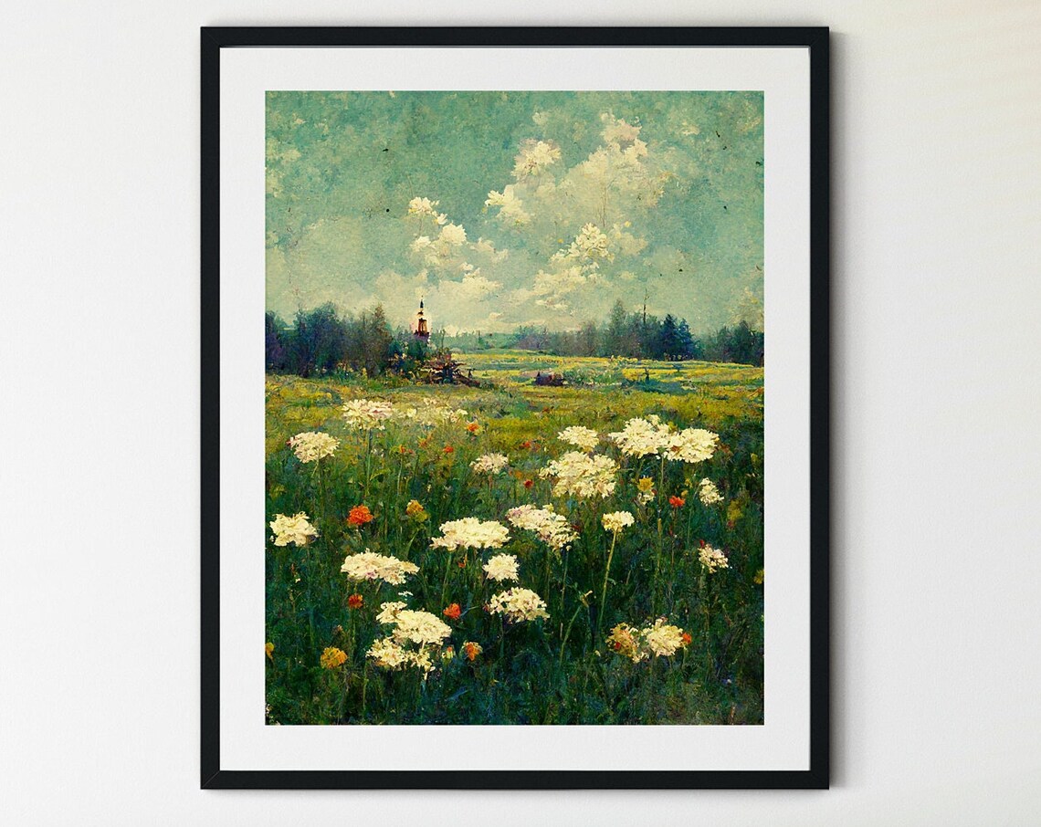 Vintage Spring Meadow Painting, Country Landscape Art Print