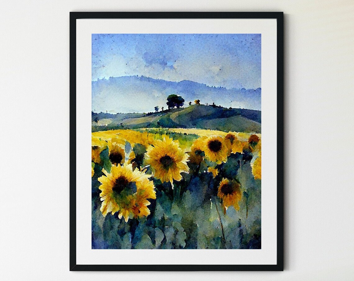 Sunflower Field Blue Hills Watercolor Summer Floral Meadow Poster