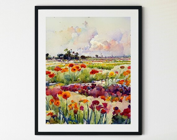 Wildflower Meadow Poppy Field Watercolor Summer Landscape Poster