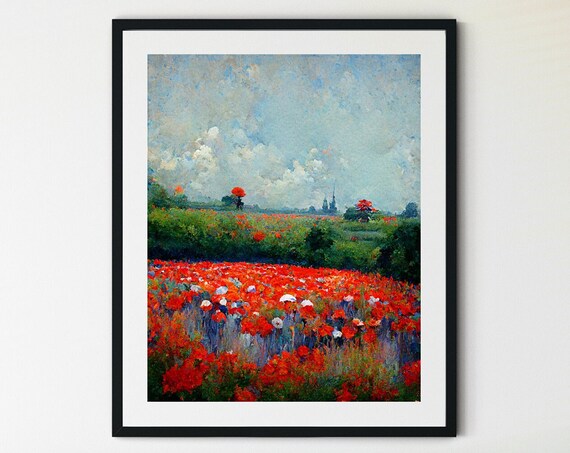 Red Poppy Field Under a Bright Blue Sky Impressionist Painting Poster