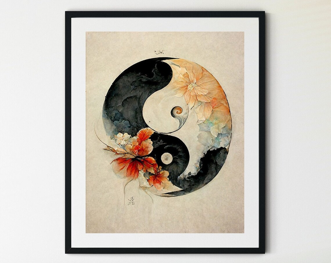 Floral Yin Yang Watercolor Wall Art Boho Balance Symbol Peach Blossom Decor