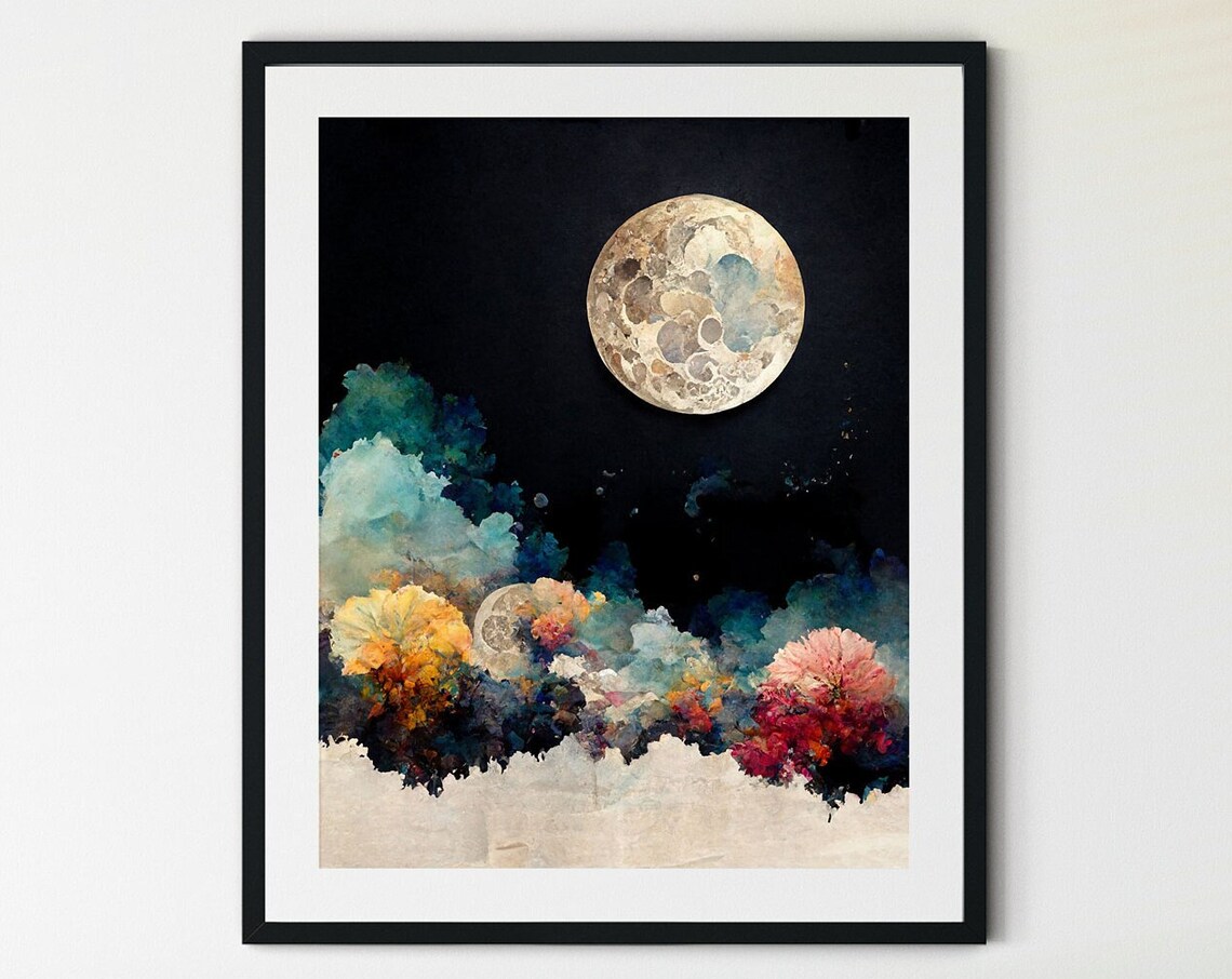 Night Moon Print, Boho Moon Phase Wall Art