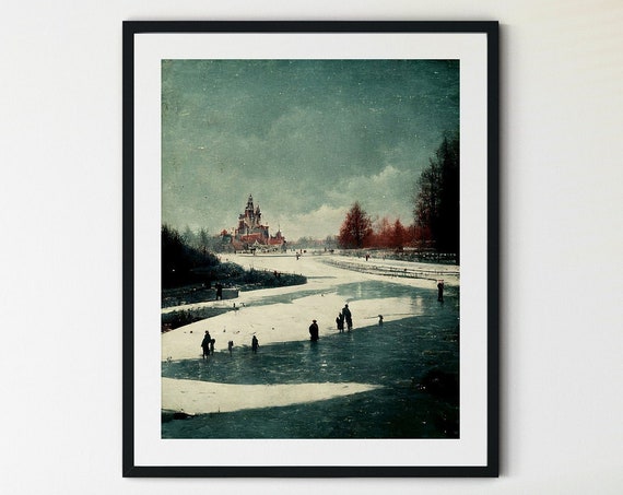 People Ice Skating Art Print, Winter Holiday Decor